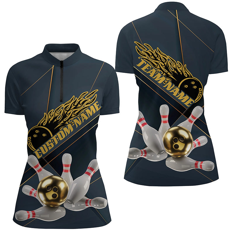 Custom Golden Bowling Shirts For Women, Flame Bowling Team Shirts Bowling Uniform IPHW7335