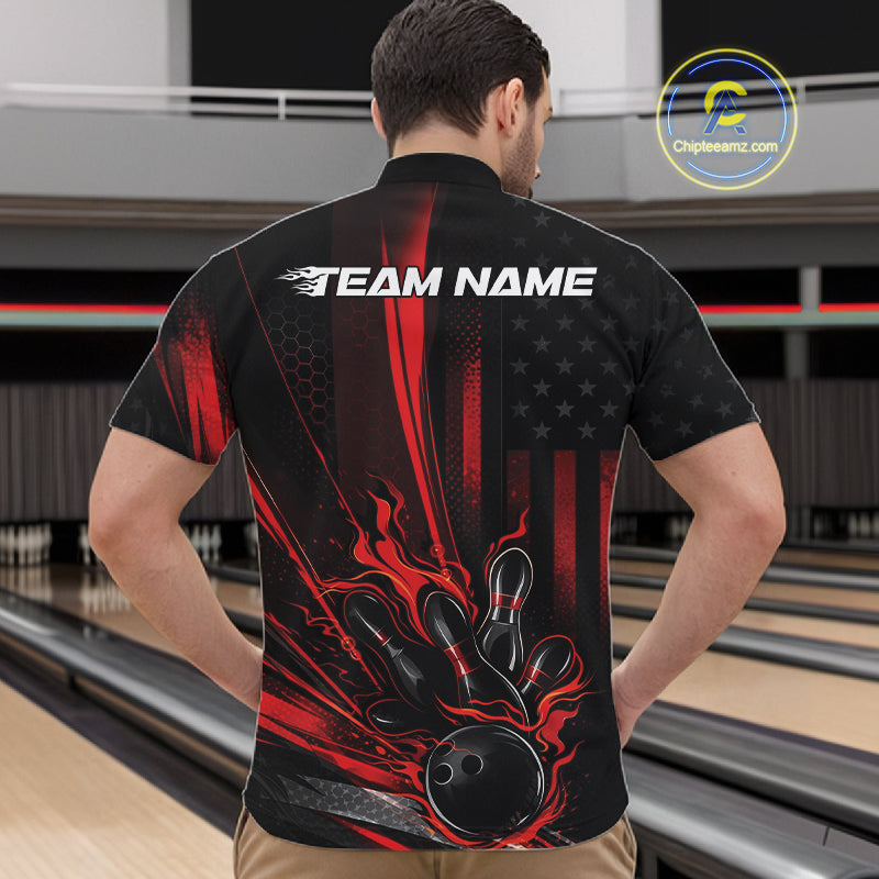Custom Black And Red US Flag Patriotic Men Bowling Shirt, American Flame Bowling Jerseys IPHW10640