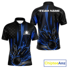Load image into Gallery viewer, Custom Black And Blue US Flag Patriotic Men Bowling Shirt, American Flame Bowling Jerseys IPHW10641