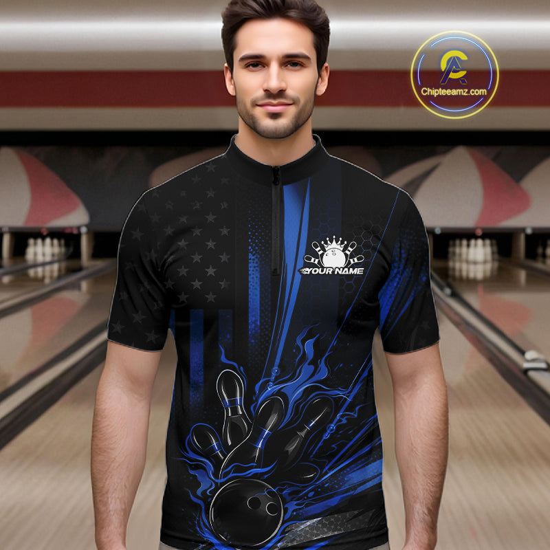 Custom Black And Blue US Flag Patriotic Men Bowling Shirt, American Flame Bowling Jerseys IPHW10641