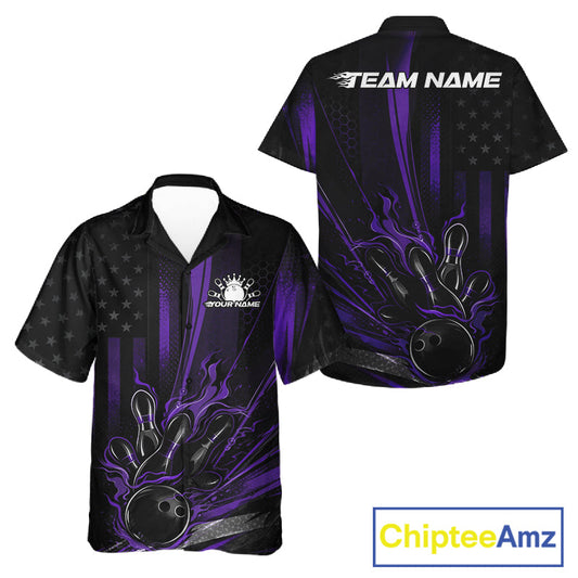Custom Black And Purple US Flag Patriotic Men And Women Bowling Shirt, American Flame Bowling Jersey IPHW10642