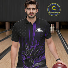Load image into Gallery viewer, Custom Black And Purple US Flag Patriotic Men Bowling Shirt, American Flame Bowling Jersey IPHW10642