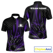 Load image into Gallery viewer, Custom Black And Purple US Flag Patriotic Men Bowling Shirt, American Flame Bowling Jersey IPHW10642