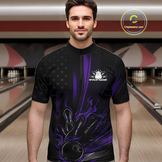 Custom Black And Purple US Flag Patriotic Men Bowling Shirt, American Flame Bowling Jersey IPHW10642