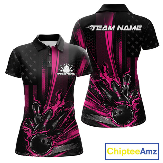 Custom Black And Pink US Flag Patriotic Women Bowling Shirt, American Flame Bowling Jersey IPHW10643