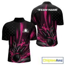 Load image into Gallery viewer, Custom Black And Pink US Flag Patriotic Men Bowling Shirt, American Flame Bowling Jersey IPHW10643