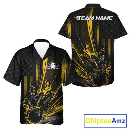 Custom Black And Yellow US Flag Patriotic Men And Women Bowling Shirt, American Flame Bowling Jersey IPHW10644