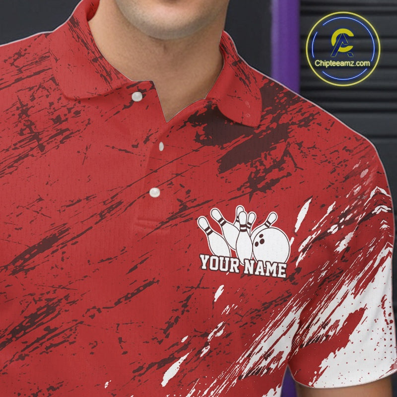 Red polo shirt with a bowling design and customizable text, brand 'Chipteeamz' visible.