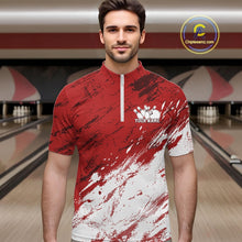 Load image into Gallery viewer, Front view of a male model in a bowling alley wearing a bowling quarter zip shirt featuring a white and red paint splatter distressed sportswear design.
