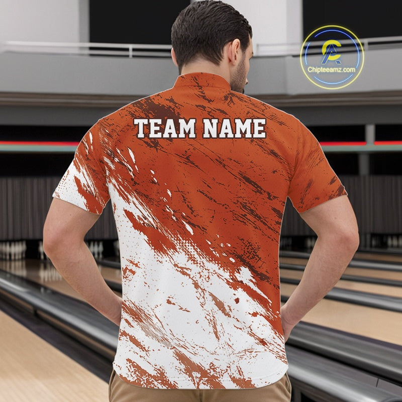 Man wearing a custom bowling shirt with 'TEAM NAME' on the back in a bowling alley.