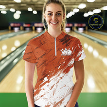 Load image into Gallery viewer, Woman wearing a custom bowling shirt with a bowling alley in the background