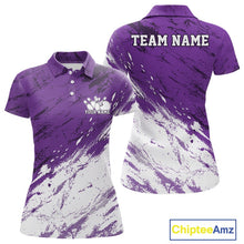 Load image into Gallery viewer, Front and back views of a women's bowling polo shirt featuring a white and purple paint splatter distressed sportswear design.
