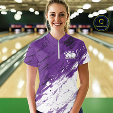 Load image into Gallery viewer, Woman wearing a purple and white bowling shirt with a personalized name on a bowling alley.