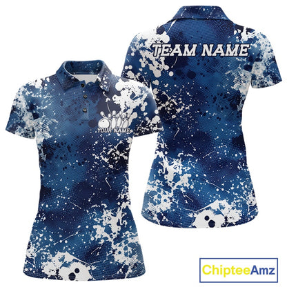 Blue and white splatter patterned polo shirt with customizable text on a white background