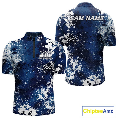 Blue and white splatter patterned polo shirt with customizable text on a white background