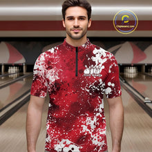 Load image into Gallery viewer, Man wearing a red and white patterned bowling shirt with 'Your Name' text in a bowling alley.