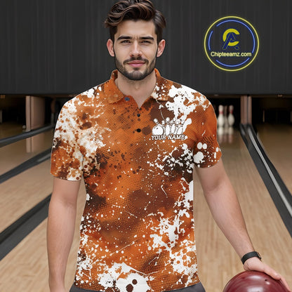 Man wearing a custom polo shirt with a bowling alley background