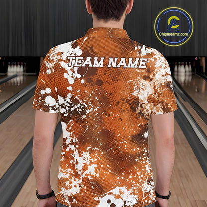 Person wearing a custom bowling shirt with 'TEAM NAME' on the back in a bowling alley.