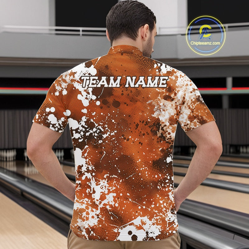 Man wearing a custom bowling shirt with 'TEAM NAME' on the back in a bowling alley.