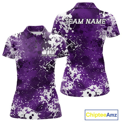 Purple polo shirt with white splatter design, front and back, on a white background, branded 'Chiptee Amz'.