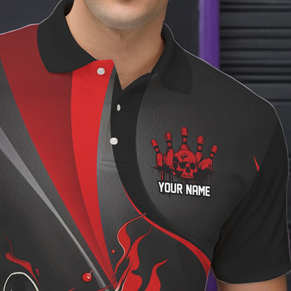 Red And Black Flame Bowling Team Shirts, Strike Bowling Short Sleeve Polo Shirts For Men IPHW6755