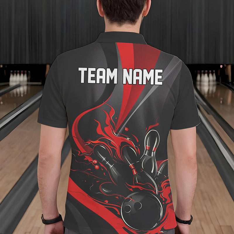 Red And Black Flame Bowling Team Shirts, Strike Bowling Short Sleeve Polo Shirts For Men IPHW6755