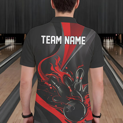 Red And Black Flame Bowling Team Shirts, Strike Bowling Short Sleeve Polo Shirts For Men IPHW6755