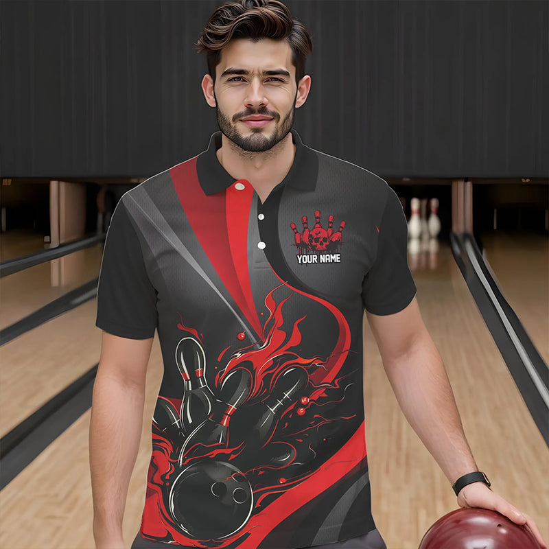Red And Black Flame Bowling Team Shirts, Strike Bowling Short Sleeve Polo Shirts For Men IPHW6755