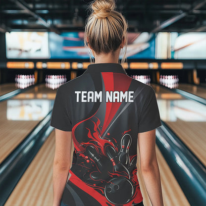 Red And Black Flame Bowling Team Shirts, Strike Bowling Short Sleeve Polo Shirts For Women IPHW6755
