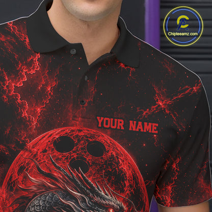Close-up front view of the left chest area on a red custom bowling polo shirt featuring an ancient dragon, flames, and a moon-inspired bowling ball design.