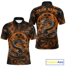 Load image into Gallery viewer, Front and back views of an orange custom men's bowling polo shirt featuring an ancient dragon, flames, and a moon-inspired bowling ball design.
