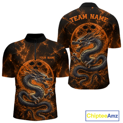 Front and back views of an orange custom quarter-zip bowling shirt featuring an ancient dragon, flames, and a moon-inspired bowling ball design.