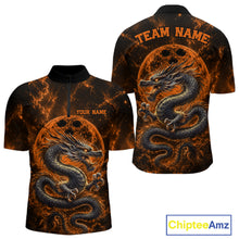 Load image into Gallery viewer, Front and back views of an orange custom quarter-zip bowling shirt featuring an ancient dragon, flames, and a moon-inspired bowling ball design.