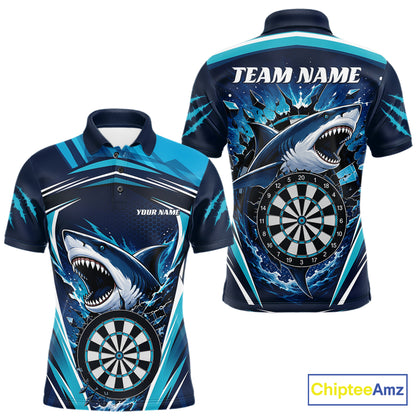 Custom Blue Shark With Broken Dartboard Darts Team Polo Shirt For Men, Darts League Shirt IPHW11736