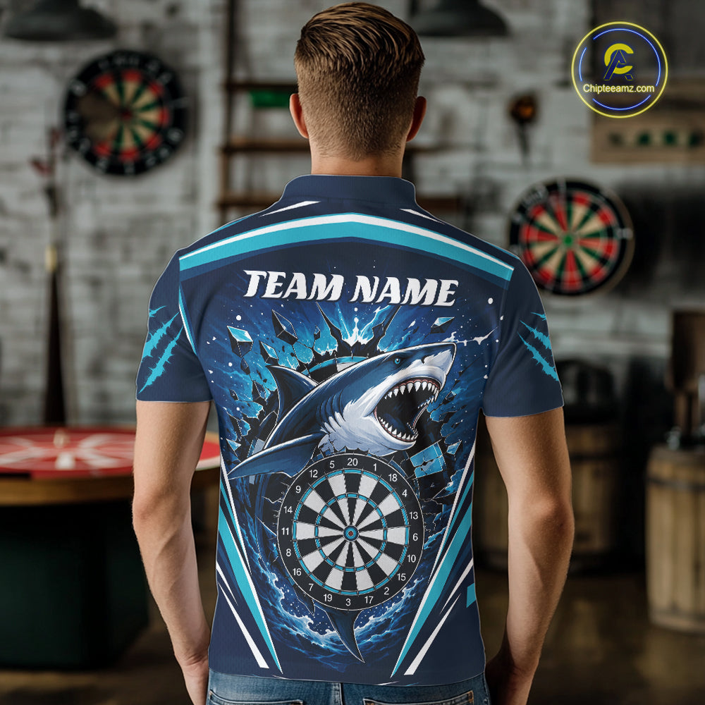Custom Blue Shark With Broken Dartboard Darts Team Polo Shirt For Men, Darts League Shirt IPHW11736