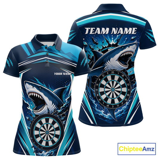 Custom Blue Shark With Broken Dartboard Darts Team Polo Shirt For Women, Darts League Shirt IPHW11736