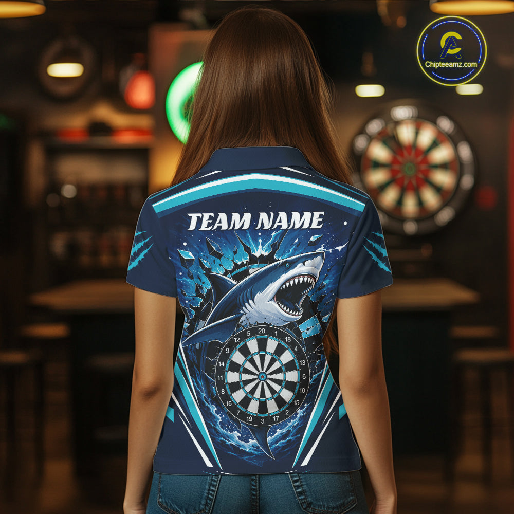 Custom Blue Shark With Broken Dartboard Darts Team Polo Shirt For Women, Darts League Shirt IPHW11736