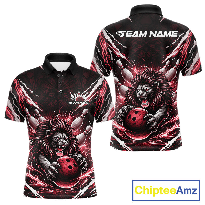 Custom Black And Red Lion Bowling Jerseys, Lion Bowling Tournament Men Polo Shirt IPHW10353