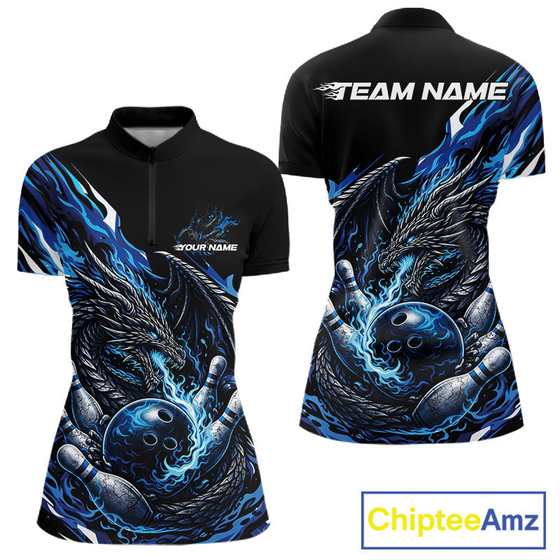 Custom Blue Flame Dragon Bowling Women Quarter-Zip Team Shirts, Bowling Tournament Shirt IPHW10359