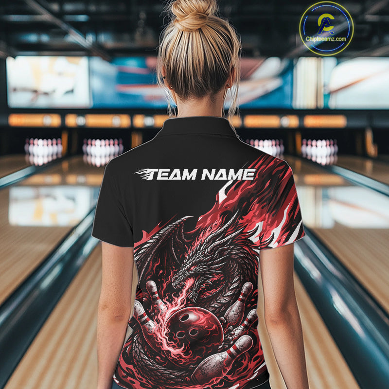 Custom Red Flame Dragon Bowling Women Quarter-Zip Team Shirts, Bowling Tournament Shirt IPHW10360