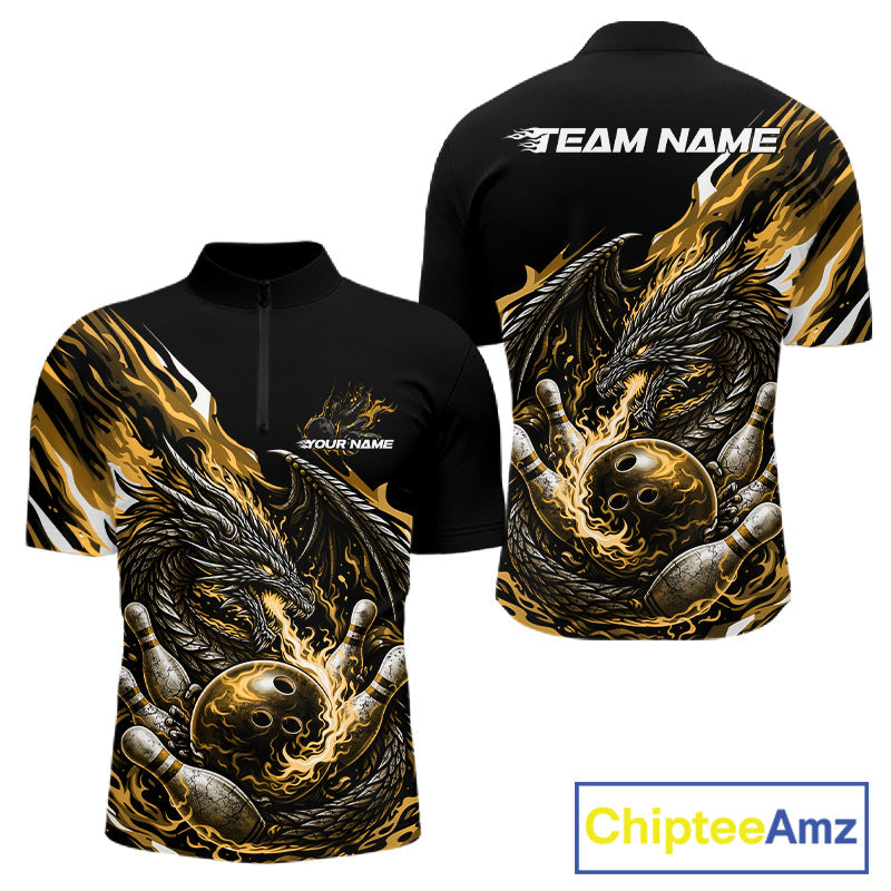 Custom Yellow Flame Dragon Bowling Men Quarter-Zip Team Shirts, Bowling Tournament Shirt IPHW10361