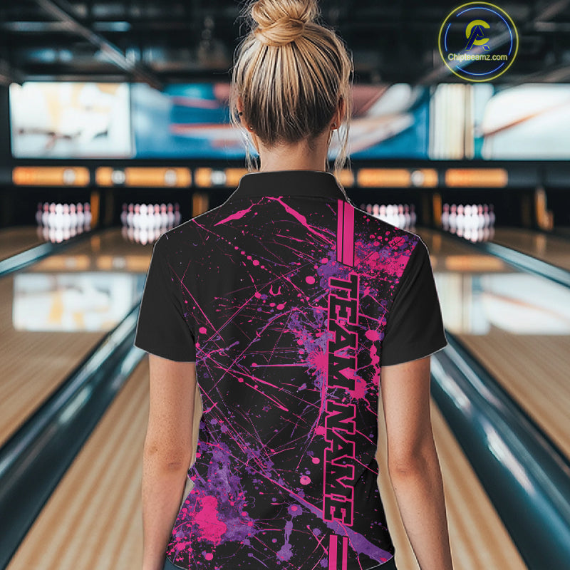 Custom Purple And Pink Splatter Camo Strike Bowling League Shirts, Women Bowling Jerseys IPHW10649