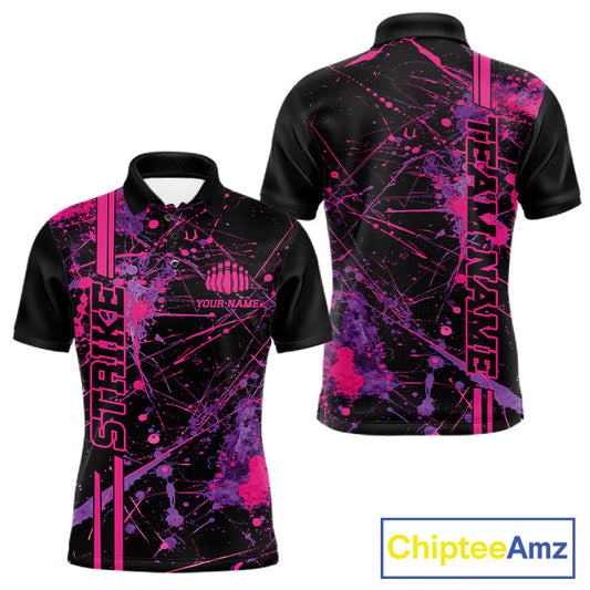 Custom Purple And Pink Splatter Camo Strike Bowling League Shirts, Men Bowling Jerseys IPHW10649