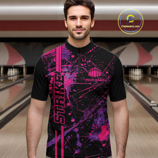 Custom Purple And Pink Splatter Camo Strike Bowling League Shirts, Men Bowling Jerseys IPHW10649