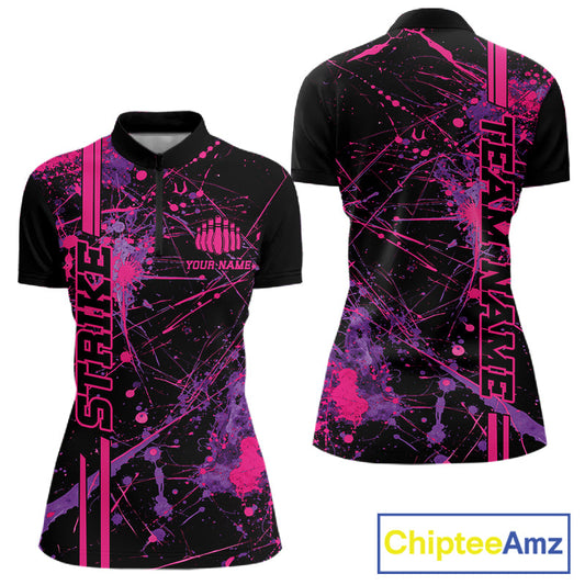 Custom Purple And Pink Splatter Camo Strike Bowling League Shirts, Women Bowling Jerseys IPHW10649