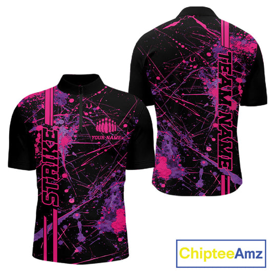 Custom Purple And Pink Splatter Camo Strike Bowling League Shirts, Men Bowling Jerseys IPHW10649