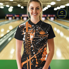 Load image into Gallery viewer, Custom Black And Orange Splatter Camo Strike Bowling League Shirt, Women Bowling Jerseys IPHW10650