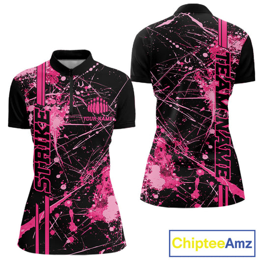 Custom Black And Pink Splatter Camo Strike Bowling League Shirts, Women Bowling Jerseys IPHW10651
