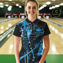 Load image into Gallery viewer, Custom Black And Blue Splatter Camo Strike Bowling League Shirts, Women Bowling Jerseys IPHW10652