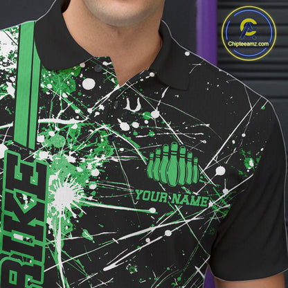 Custom Black And Green Splatter Camo Strike Bowling League Shirts, Men Bowling Jerseys IPHW10653